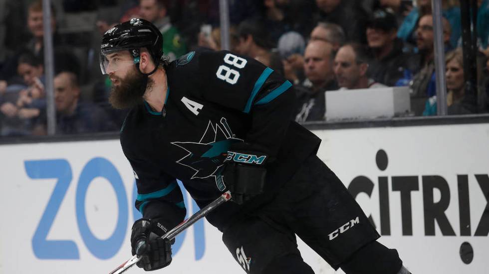 San Jose Sharks defenseman Brent Burns (88) against the Chicago Blackhawks during an NHL hockey ...