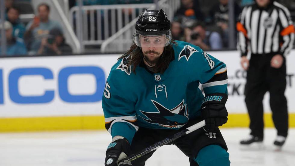 San Jose Sharks defenseman Erik Karlsson against the Colorado Avalanche during an NHL hockey ga ...