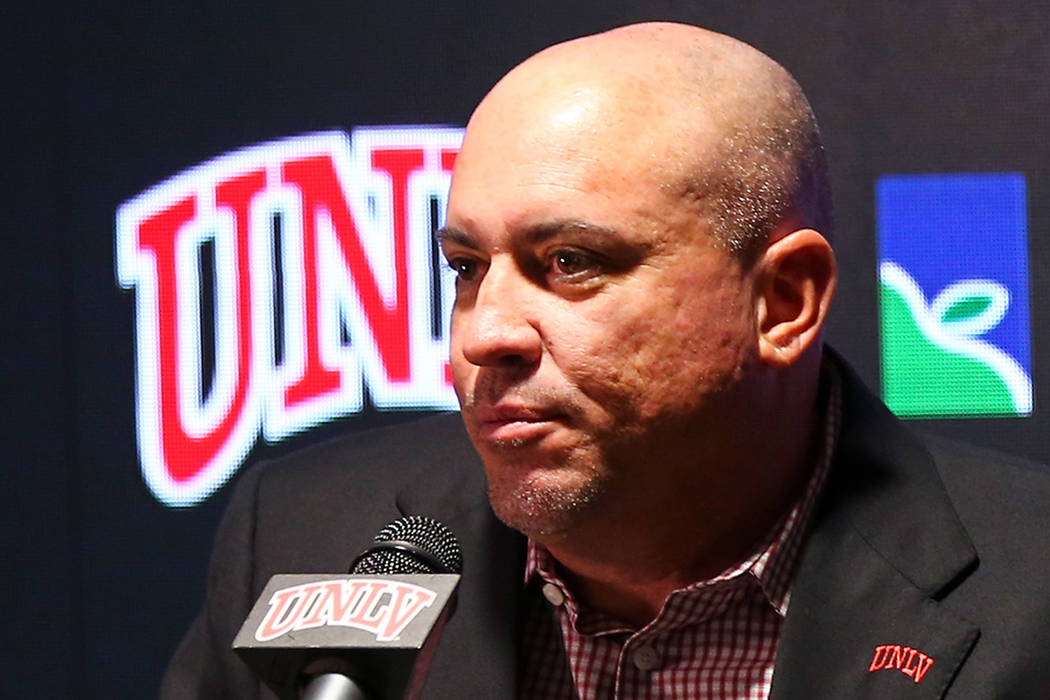 UNLV football coach Tony Sanchez announces early signees at the boardroom at the Thomas & M ...
