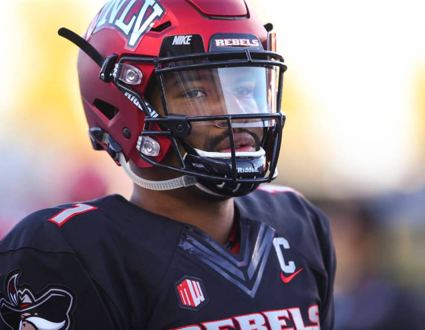 UNLV Rebels quarterback Armani Rogers (1) while warming before a football game against Prairie ...