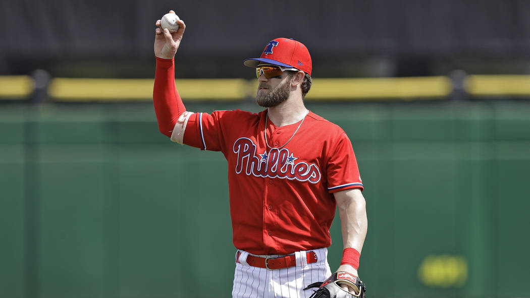 Philadelphia Phillies' Bryce Harper before a spring training game Monday, March 11, 2019, in Ta ...