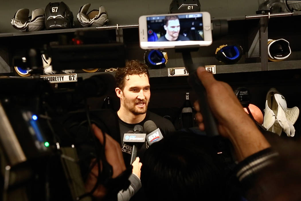 Newly acquired Golden Knights forward Mark Stone is interviewed in the locker room at City Nati ...