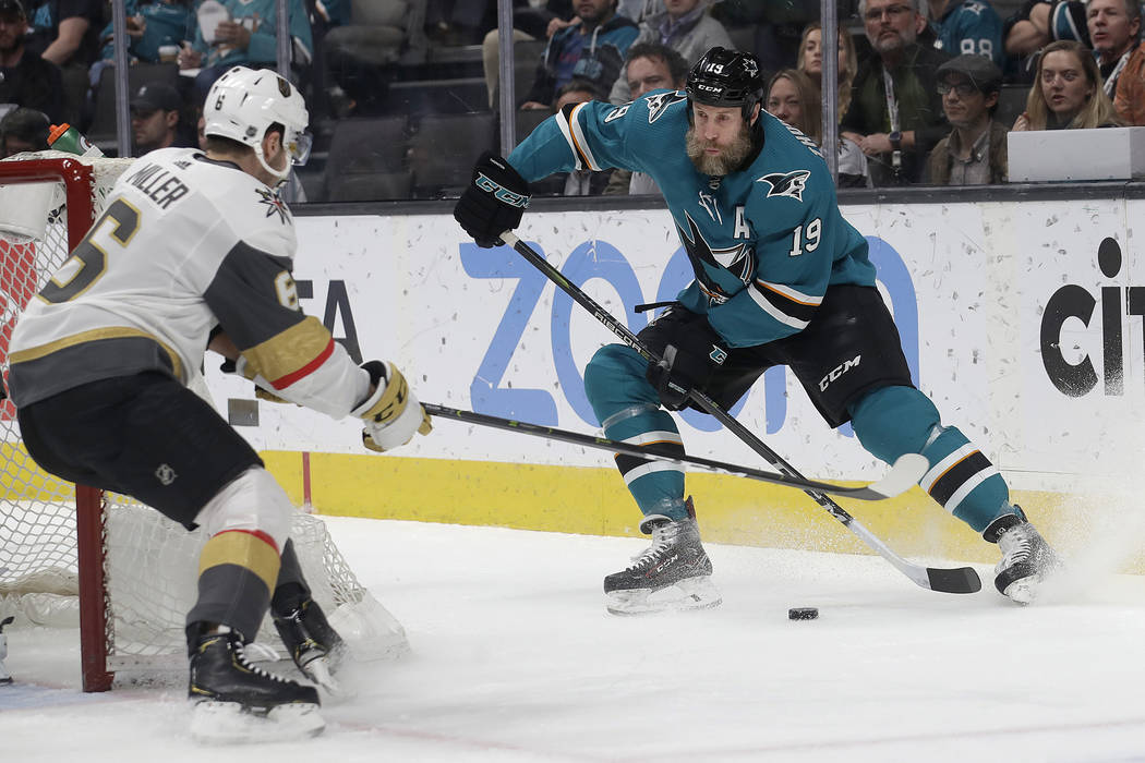 San Jose Sharks center Joe Thornton (19) skates with the puck against Vegas Golden Knights defe ...