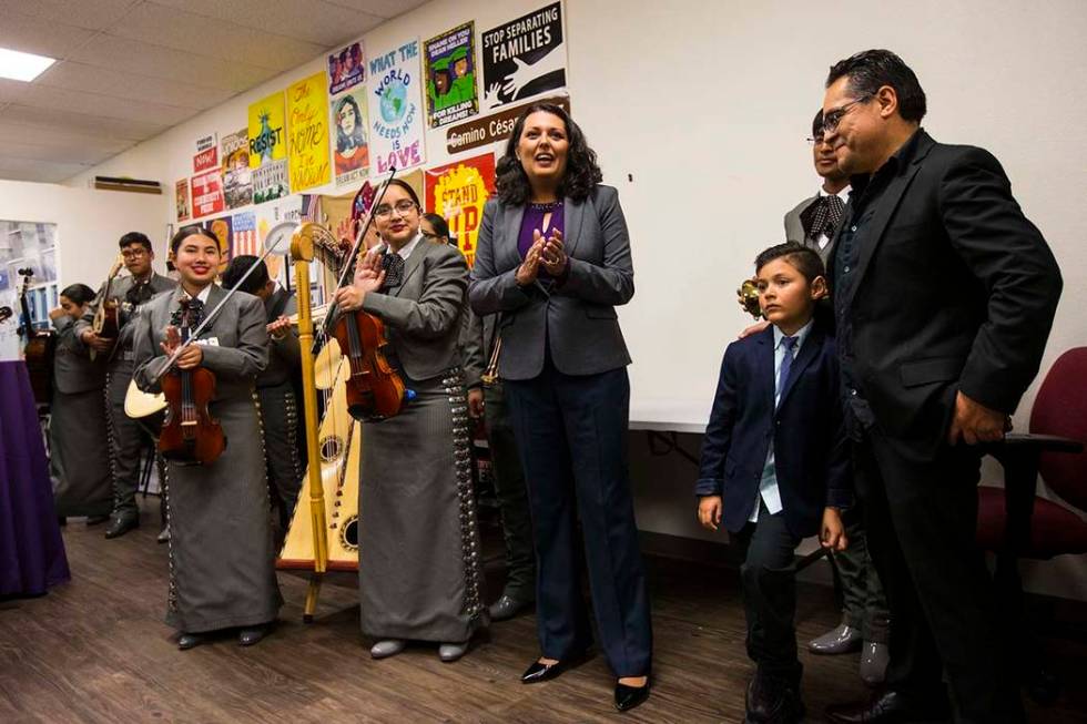 Former assemblywoman Olivia Diaz, a Las Vegas City Council candidate for Ward 3, center, addres ...