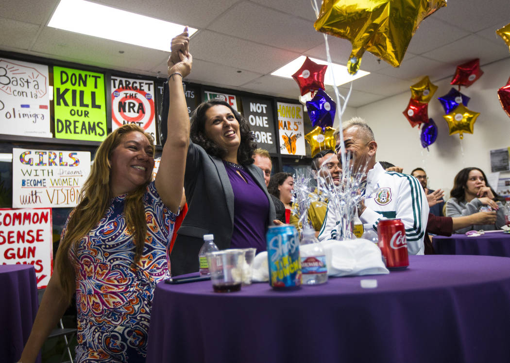Areli Sanchez, left, celebrates with former assemblywoman Olivia Diaz, a Las Vegas City Council ...