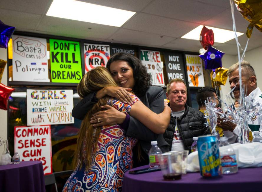 Areli Sanchez, left, hugs former assemblywoman Olivia Diaz, a Las Vegas City Council candidate ...