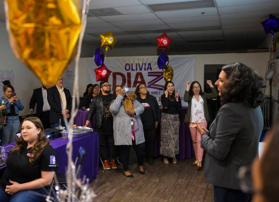 Supporters of former assemblywoman Olivia Diaz, a Las Vegas City Council candidate, reacts as r ...