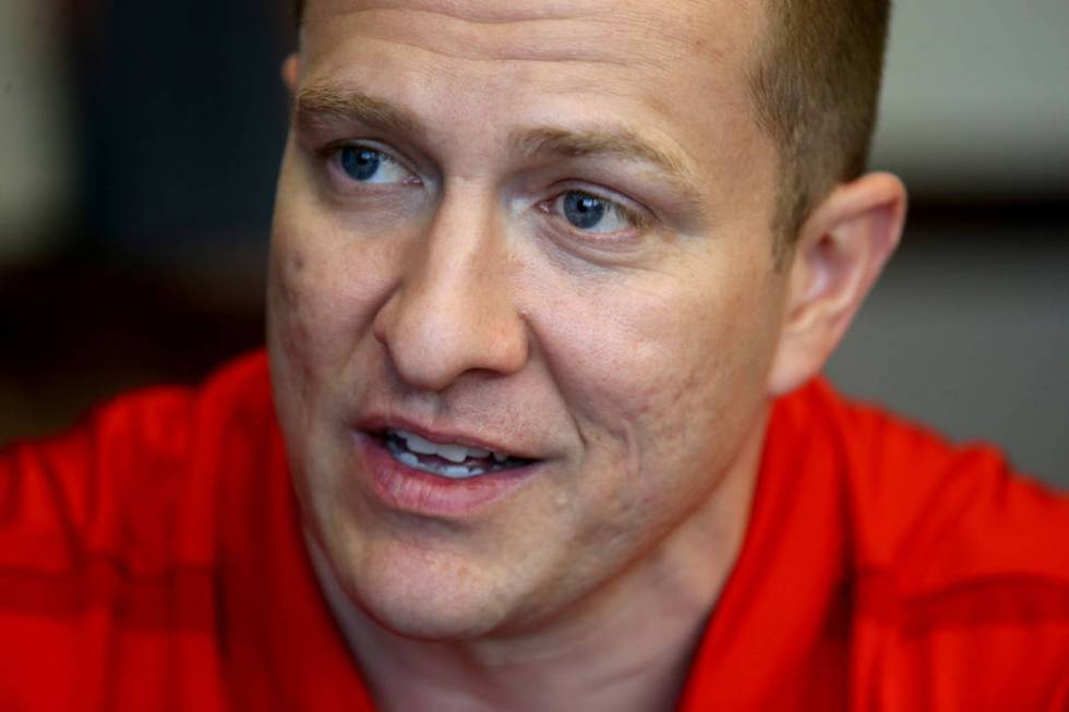 New UNLV basketball coach T.J. Otzelberger talks to a reporter in his office at the Thomas &amp ...