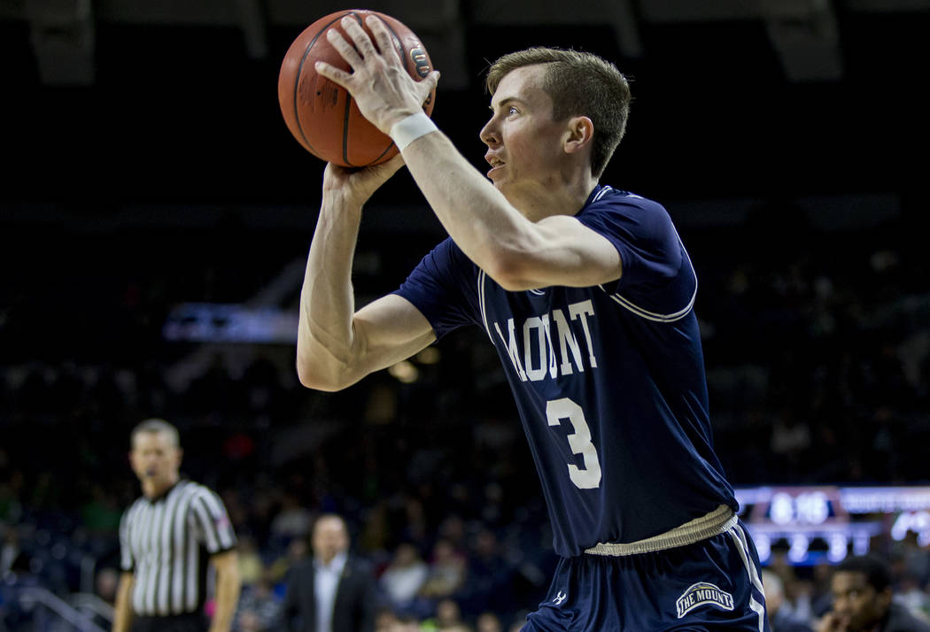 Mount St. Mary's Jonah Antonio (3) shoots a 3-pointer during the second half of an NCAA college ...