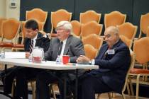 The three Boulder City mayoral candidates, from left, Mayor Rod Woodbury, Councilman Kiernan Mc ...