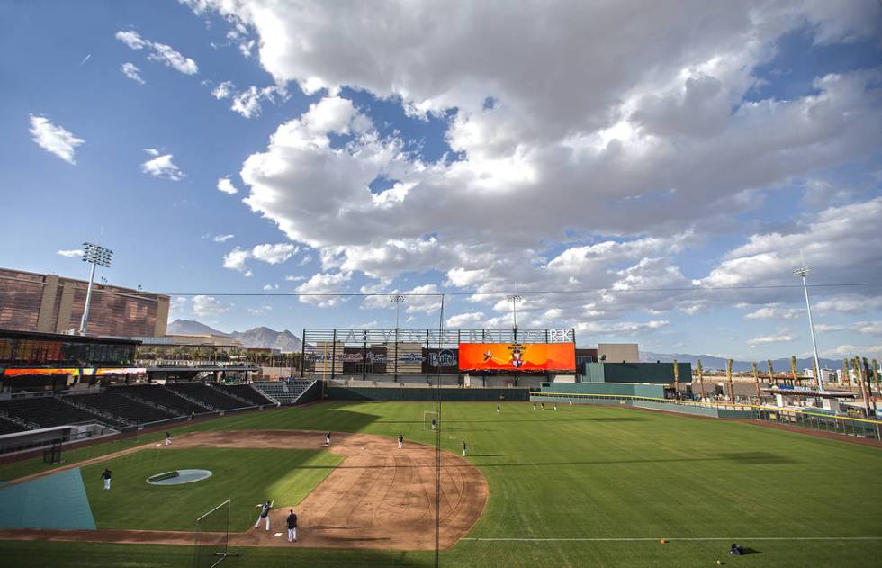 Aviators players work through drills during practice at media day at Las Vegas Ballpark on Tues ...