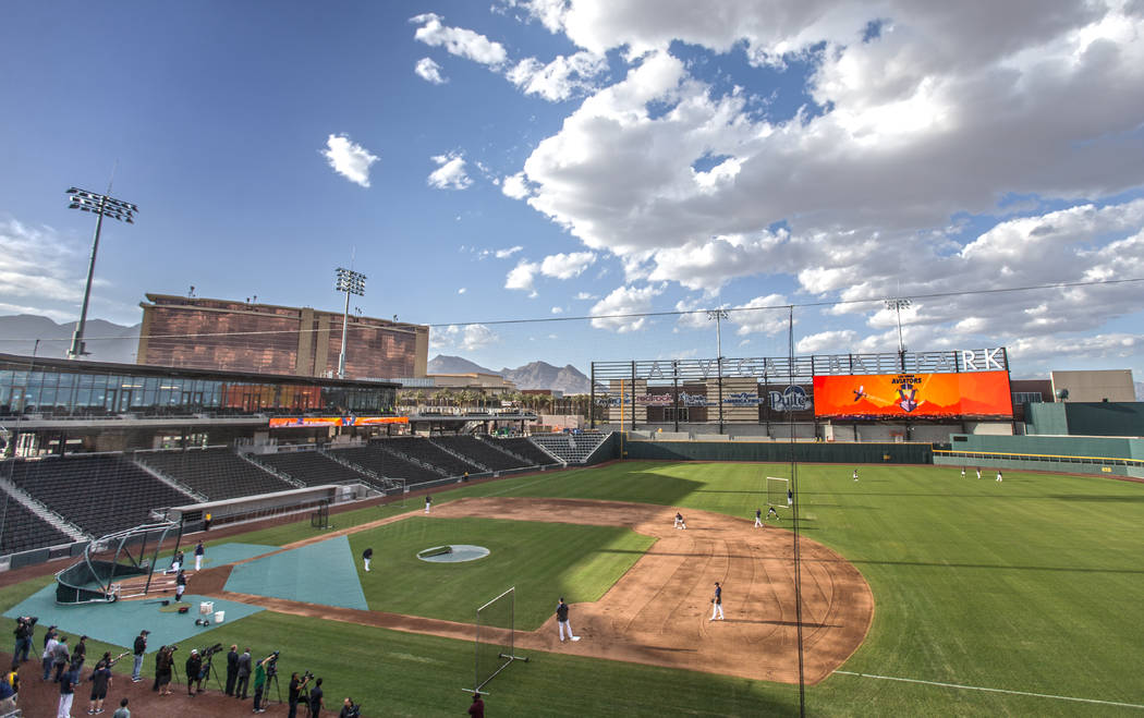 Aviators players work through drills during practice at media day at Las Vegas Ballpark on Tues ...