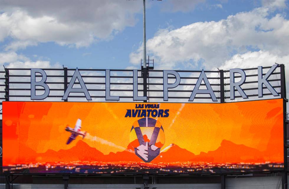 The centerfield display showing Aviators colors during media day at Las Vegas Ballpark on Tuesd ...