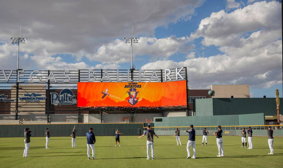 Aviators players warm up before the start of practice during media day at Las Vegas Ballpark on ...