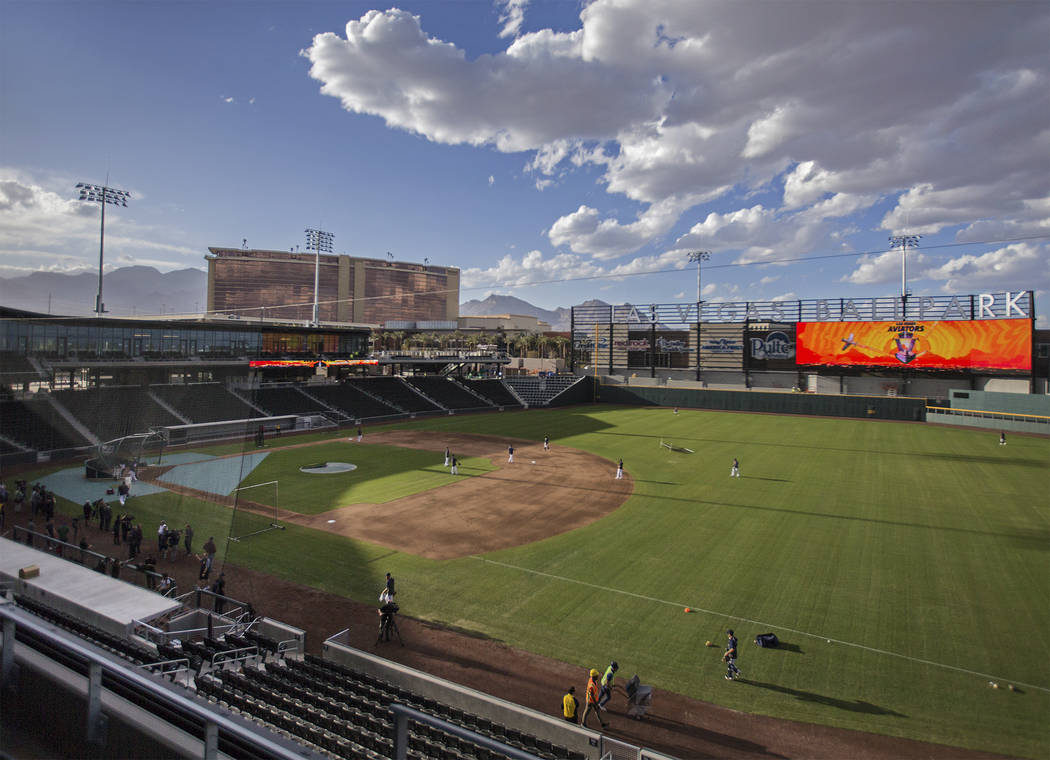 Aviators players work through drills during practice at media day at Las Vegas Ballpark on Tues ...