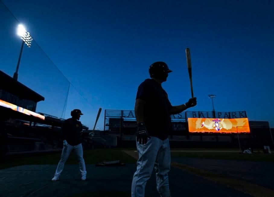 Aviators players wait on deck during batting practice at media day at Las Vegas Ballpark on Tue ...