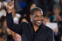 Steven Horsford waves at the crowd during a rally at Cox Pavilion on Monday, Oct. 22, 2018, in ...