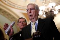 Senate Majority Leader Mitch McConnell of Ky., speaks to members of the media following a Senat ...