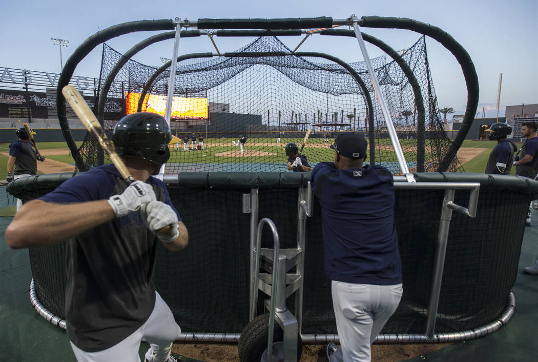 Aviators players take batting practice during media day at Las Vegas Ballpark on Tuesday, April ...