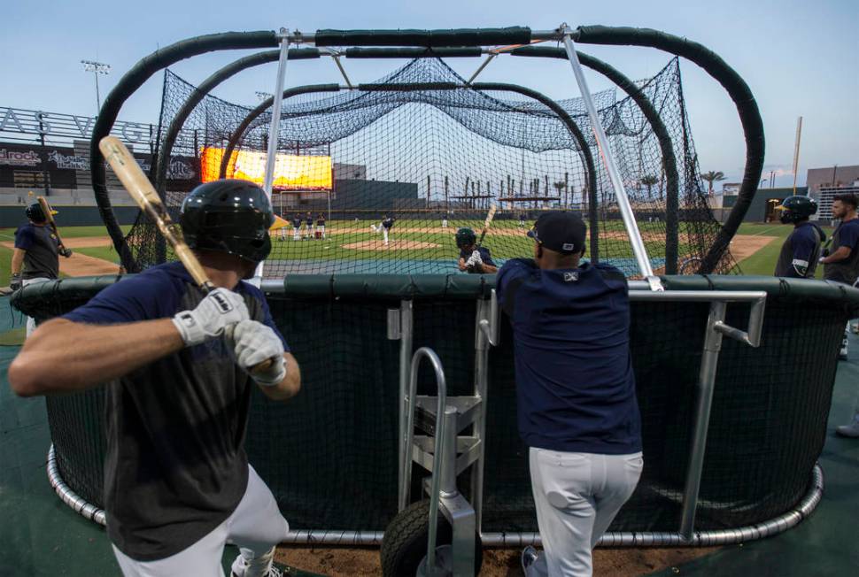 Aviators players take batting practice during media day at Las Vegas Ballpark on Tuesday, April ...