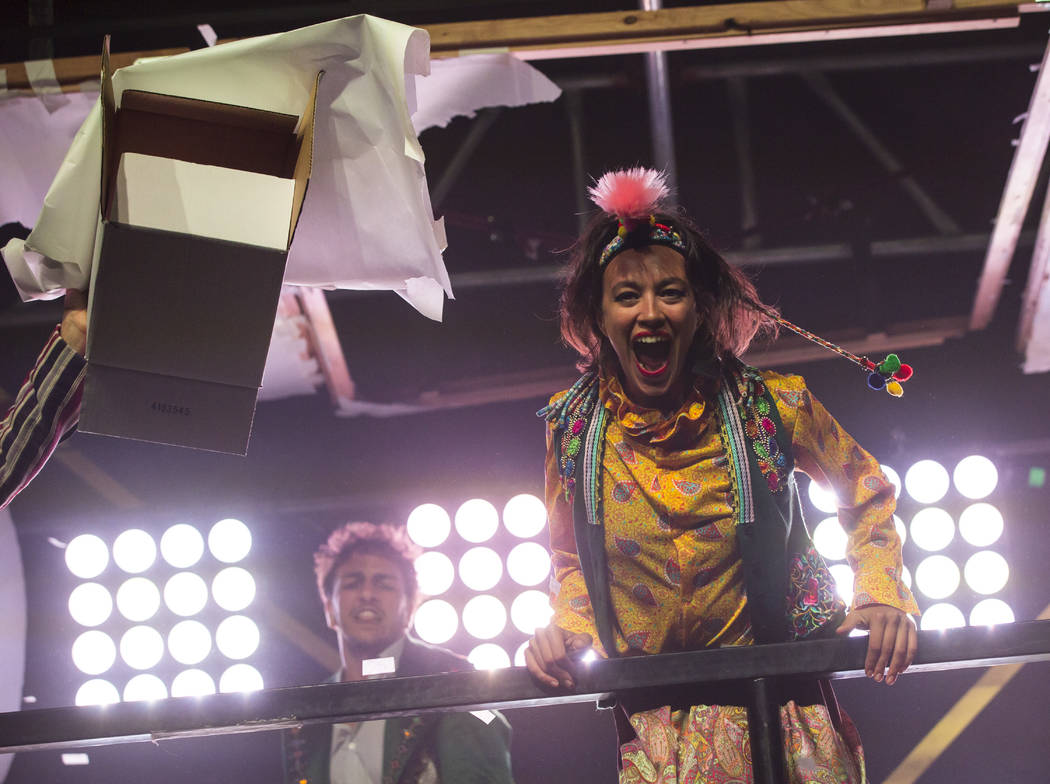 Cast members in "Fuerza Bruta" perform as part of a media preview at the show's tent ...