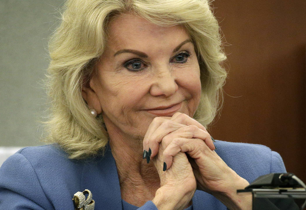 Elaine Wynn, ex-wife of Steve Wynn, listens during a hearing Wednesday, March 28, 2018, in Las ...