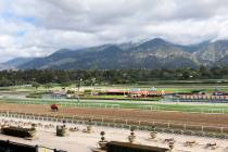 A few horses and riders are seen on the track while members of the California Horse Racing Boar ...