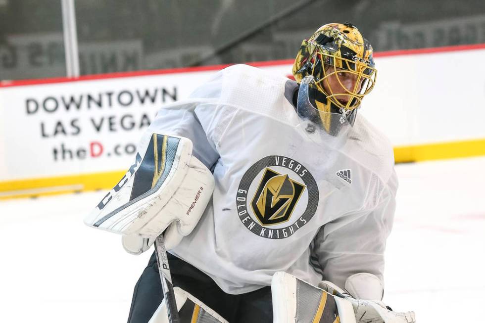 Vegas Golden Knights goalie Marc-Andre Fleury on the ice during team practice at the City Natio ...