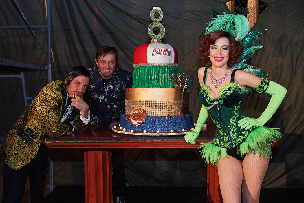 Performers in “Absinthe” celebrate the eighth anniversary party of the show Monday, April 1 ...