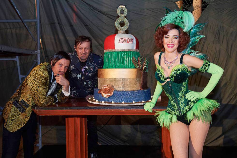 Performers in “Absinthe” celebrate the eighth anniversary party of the show Monday, April 1 ...