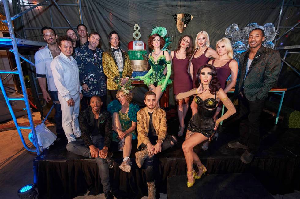 Performers in “Absinthe” celebrate the eighth anniversary party of the show Monday, April 1 ...