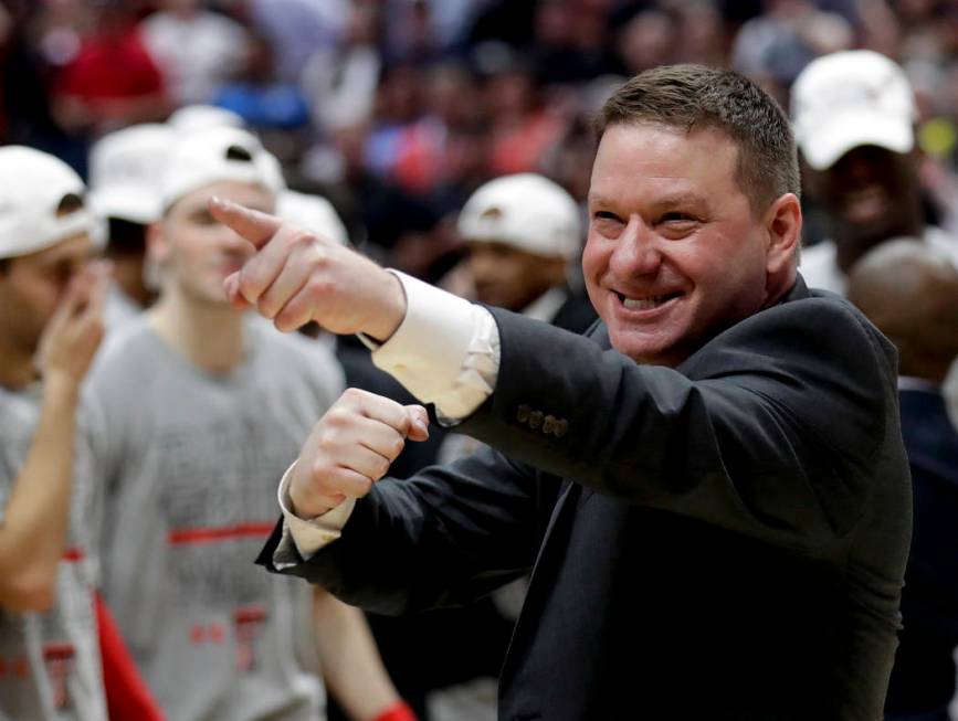 FILE - In this March 30, 2019, file photo, Texas Tech head coach Chris Beard celebrates after t ...