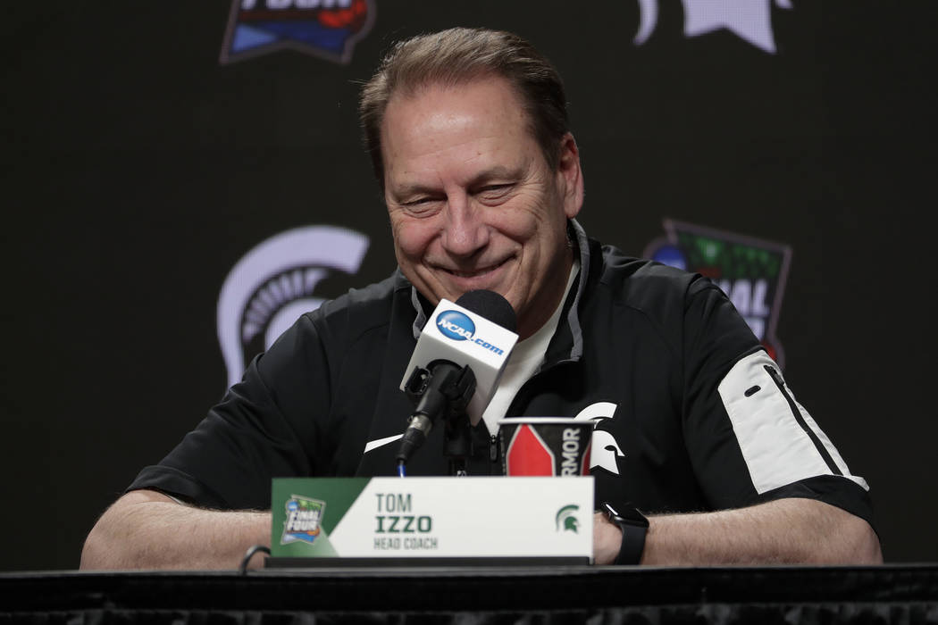 Michigan State head coach Tom Izzo speaks after a practice session for the semifinals of the Fi ...