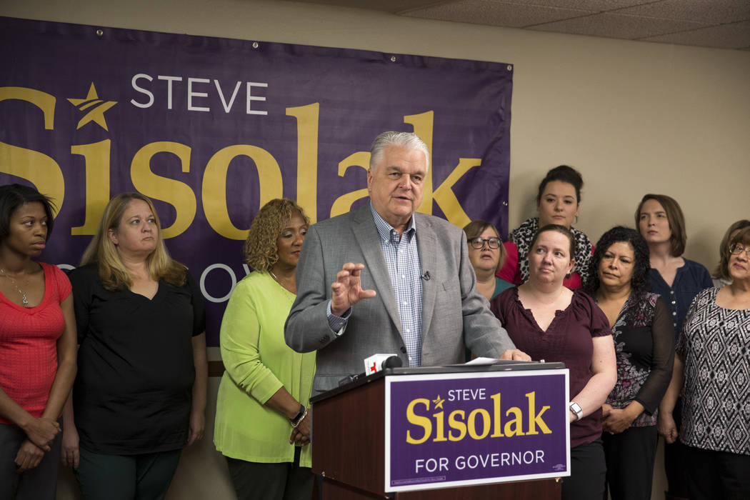 Clark County Commission Chairman and Democratic gubernatorial candidate Steve Sisolak speaks to ...