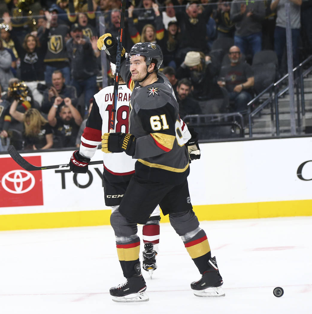 Golden Knights right wing Mark Stone (61) celebrates his goal against the Arizona Coyotes durin ...