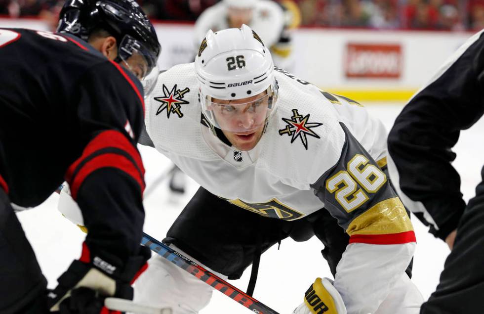 Vegas Golden Knights' Paul Stastny (26) eyes the puck against the Carolina Hurricanes during th ...