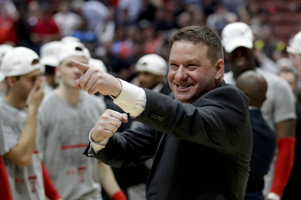 Texas Tech head coach Chris Beard celebrates after the team's win against Gonzaga during the We ...