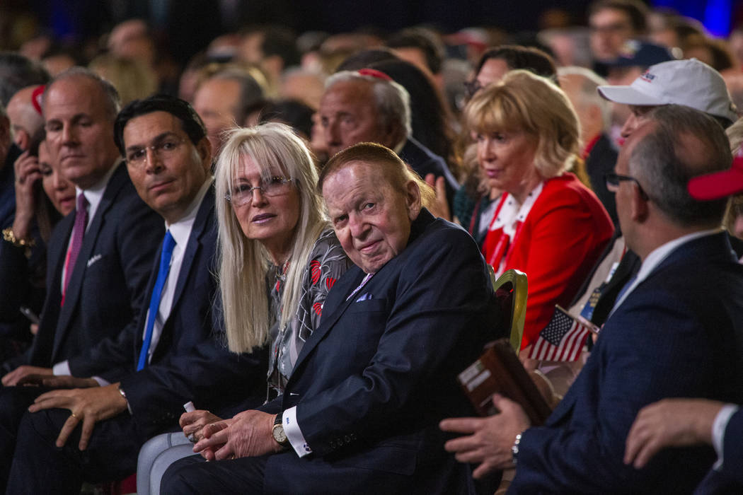 Miriam and Sheldon Adelson arrive to watch as President Donald J. Trump addresses the Republica ...