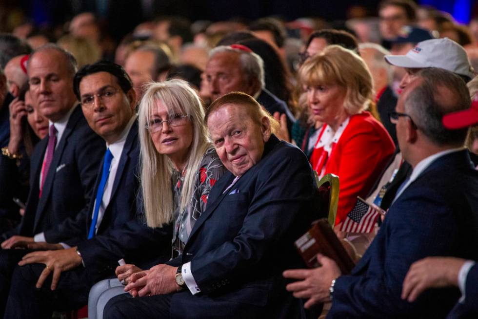 Miriam and Sheldon Adelson arrive to watch as President Donald J. Trump addresses the Republica ...