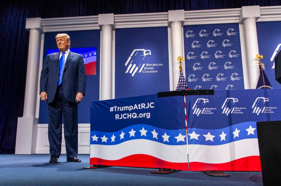 President Donald J. Trump prepares to address the Republican Jewish Coalition during the RJC's ...