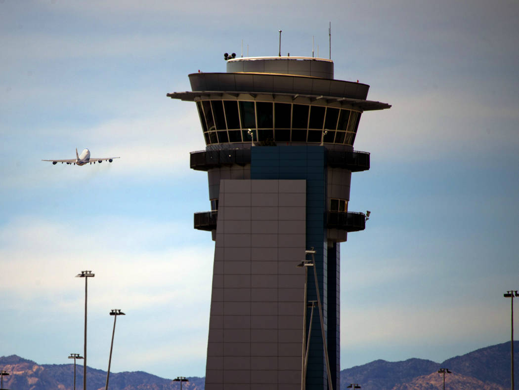 President Donald J. Trump flies away from McCarran International Airport on Air Force One after ...