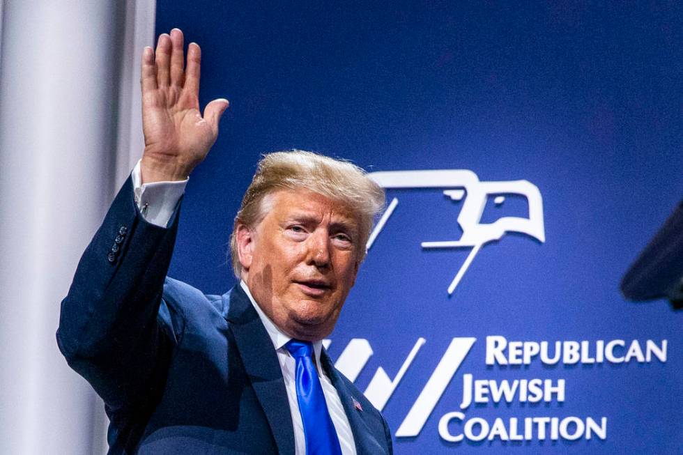 President Donald J. Trump waves goodbye to the crowd after addressing the Republican Jewish Coa ...