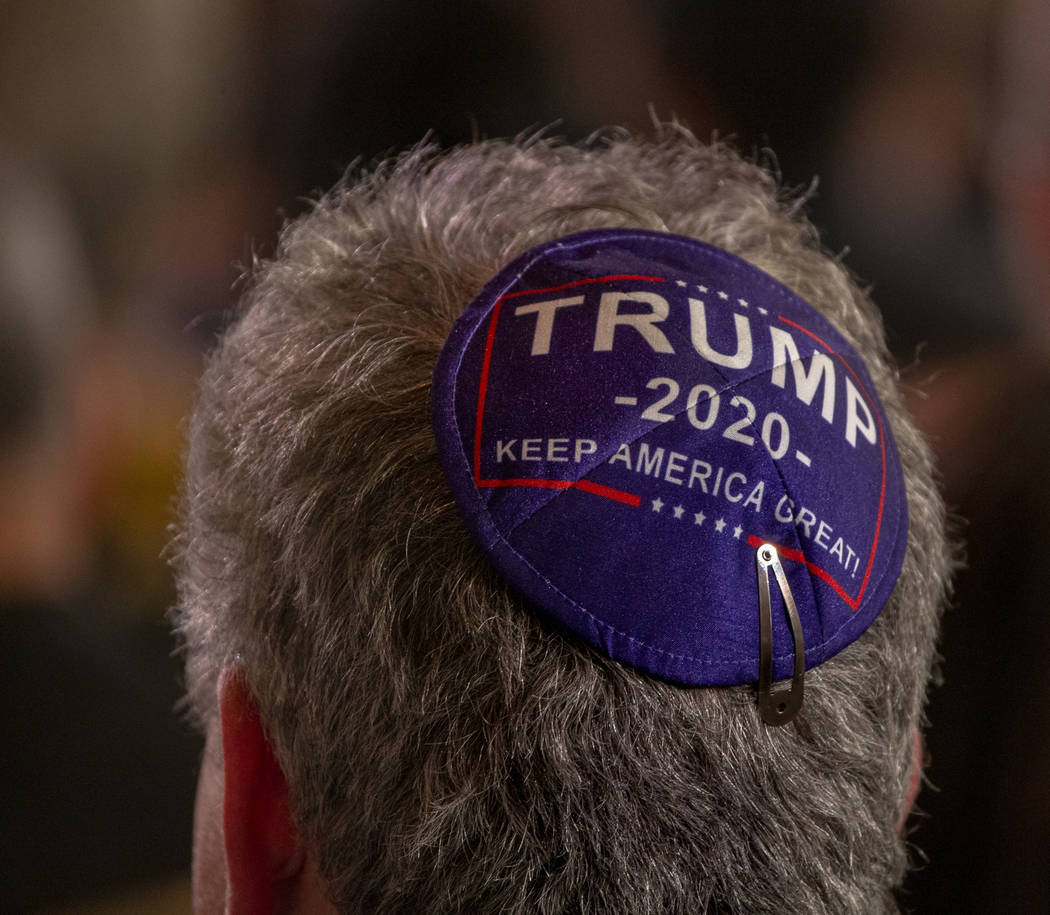 An attendee wears Trump yamaka as President Donald J. Trump addresses the Republican Jewish Coa ...