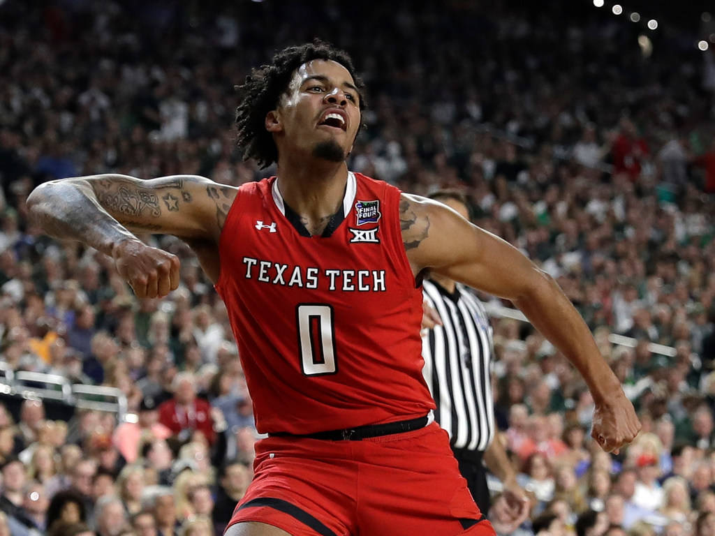 Texas Tech guard Kyler Edwards celebrates during the second half against Michigan State in the ...