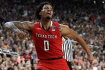 Texas Tech guard Kyler Edwards celebrates during the second half against Michigan State in the ...