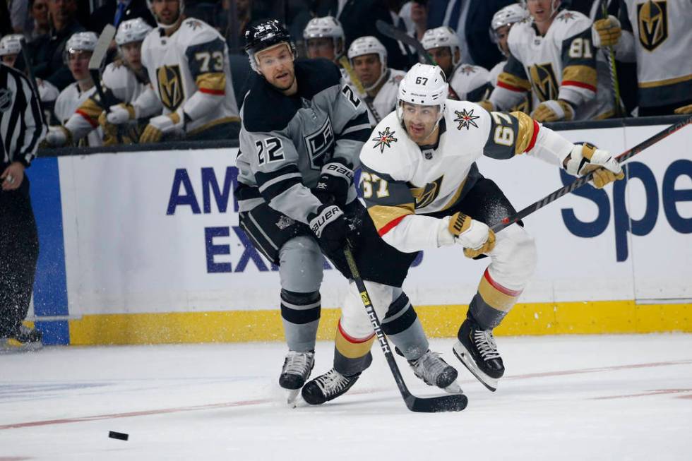 Los Angeles Kings forward Trevor Lewis (22) and Vegas Golden Knights forward Max Pacioretty (67 ...