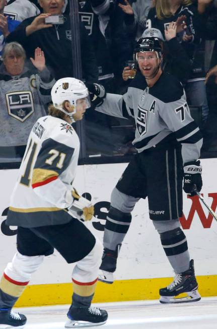 Los Angeles Kings forward Jeff Carter (77) celebrates his goal against Vegas Golden Knights dur ...