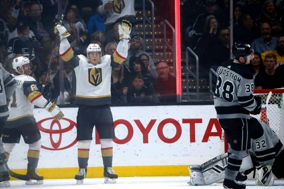 Vegas Golden Knights forward Valentin Zykov (7) celebrates after scoring on Los Angeles Kings g ...