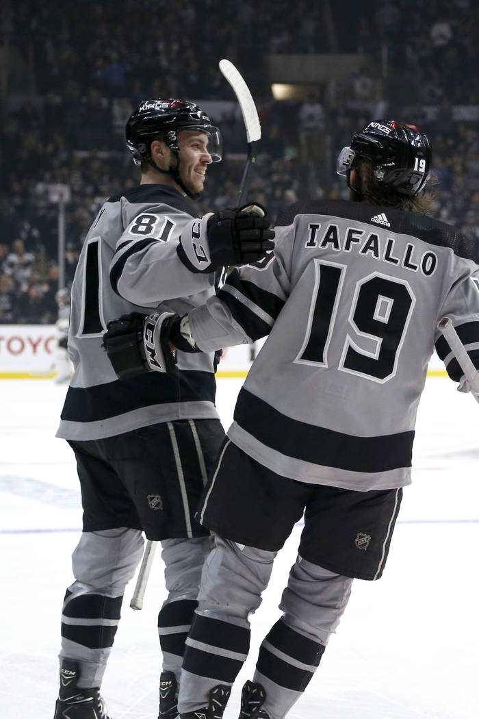 Los Angeles Kings forward Matt Roy (81) celebrates his goal with forward Alex Iafallo (19) duri ...