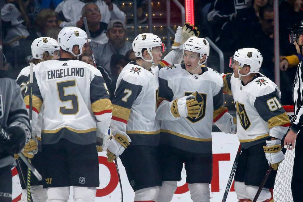 Vegas Golden Knights forward Valentin Zykov (7) celebrates his goal with teammates during the s ...